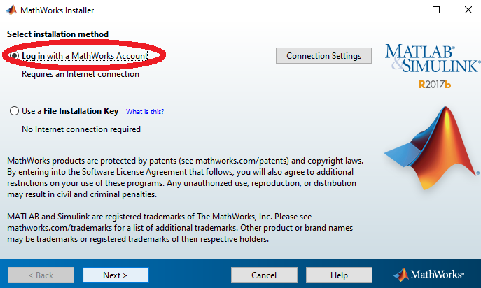 Log in with a MathWorks Account is selected as the installation method.
