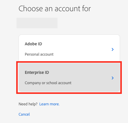 Screenshot of Adobe login screen with Entreprise Id option in a red box.