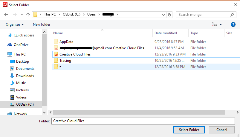 This is the username screen and contains the Creative Cloud Files folder.