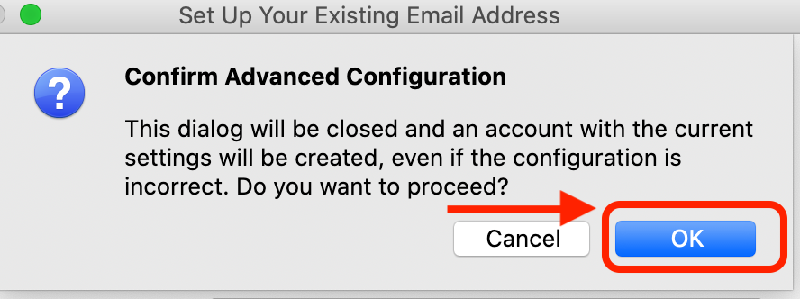 Illustration for clicking OK to set the Thunderbird fake email address