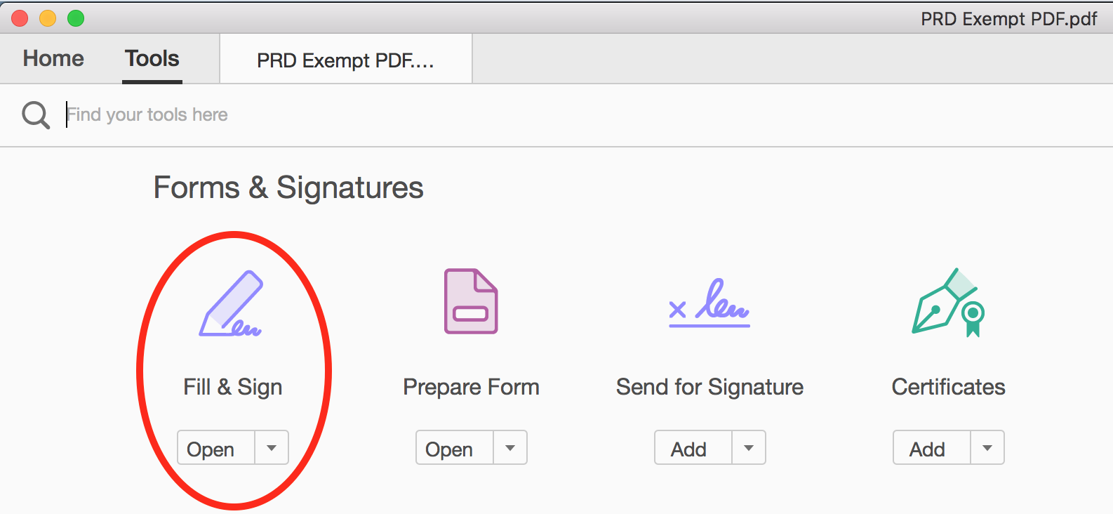 Fill & Sign is the first option under Forms & Signatures.