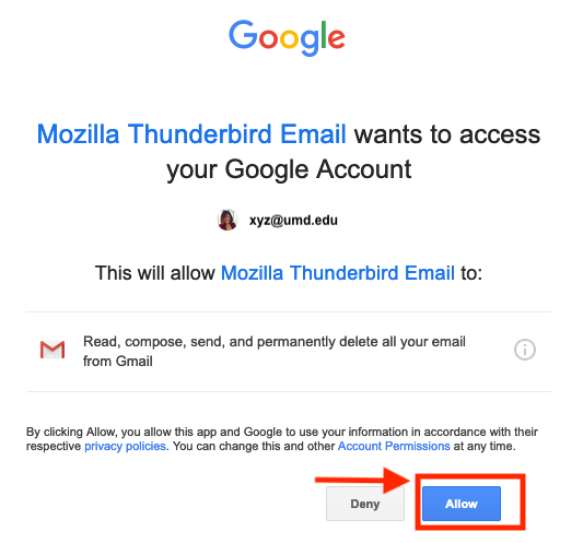 Illustration to click Allow for Mozilla Thunderbird to access your Google Account