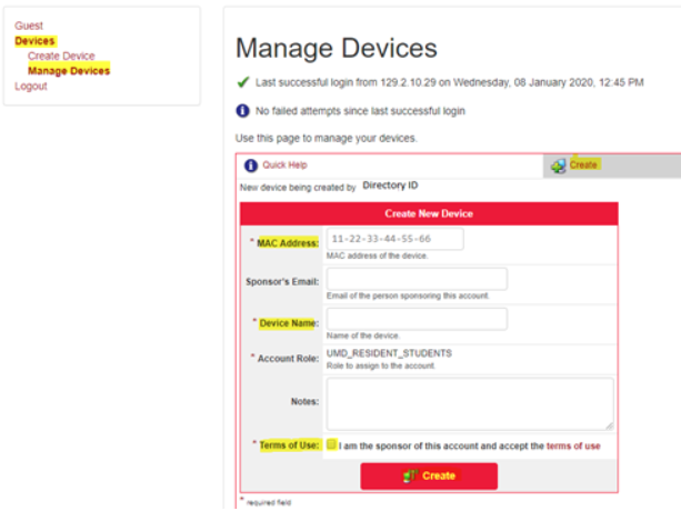 This screen requires the MAC address, Device Name, and to accept the Terms of Use to register a device.