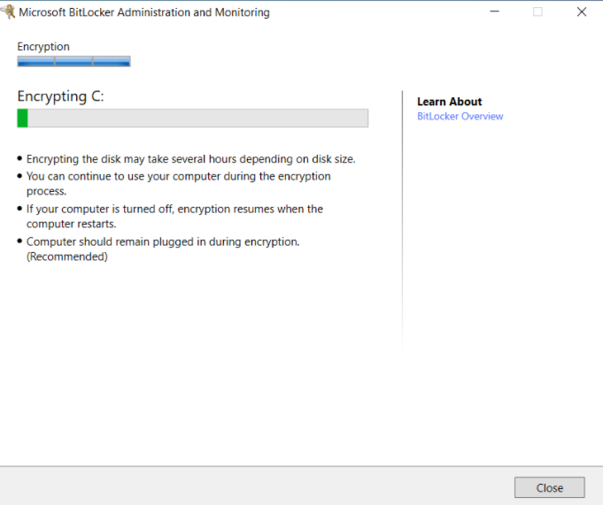 BitLocker Encrypting window