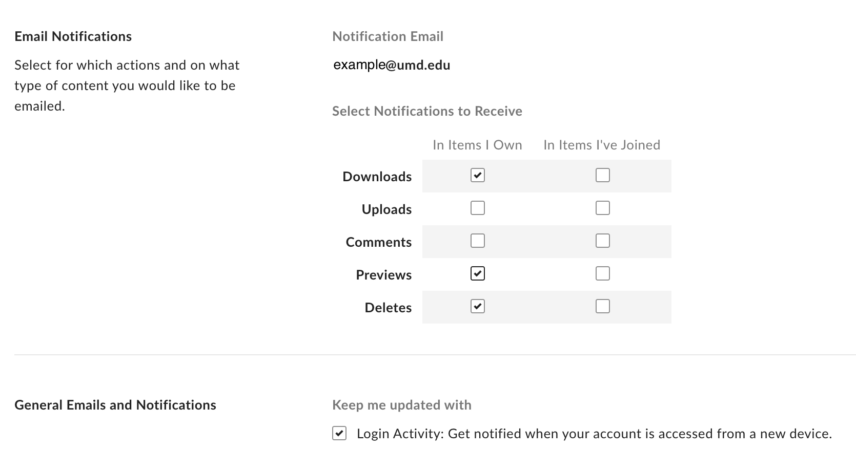 Box Email Notification settings.