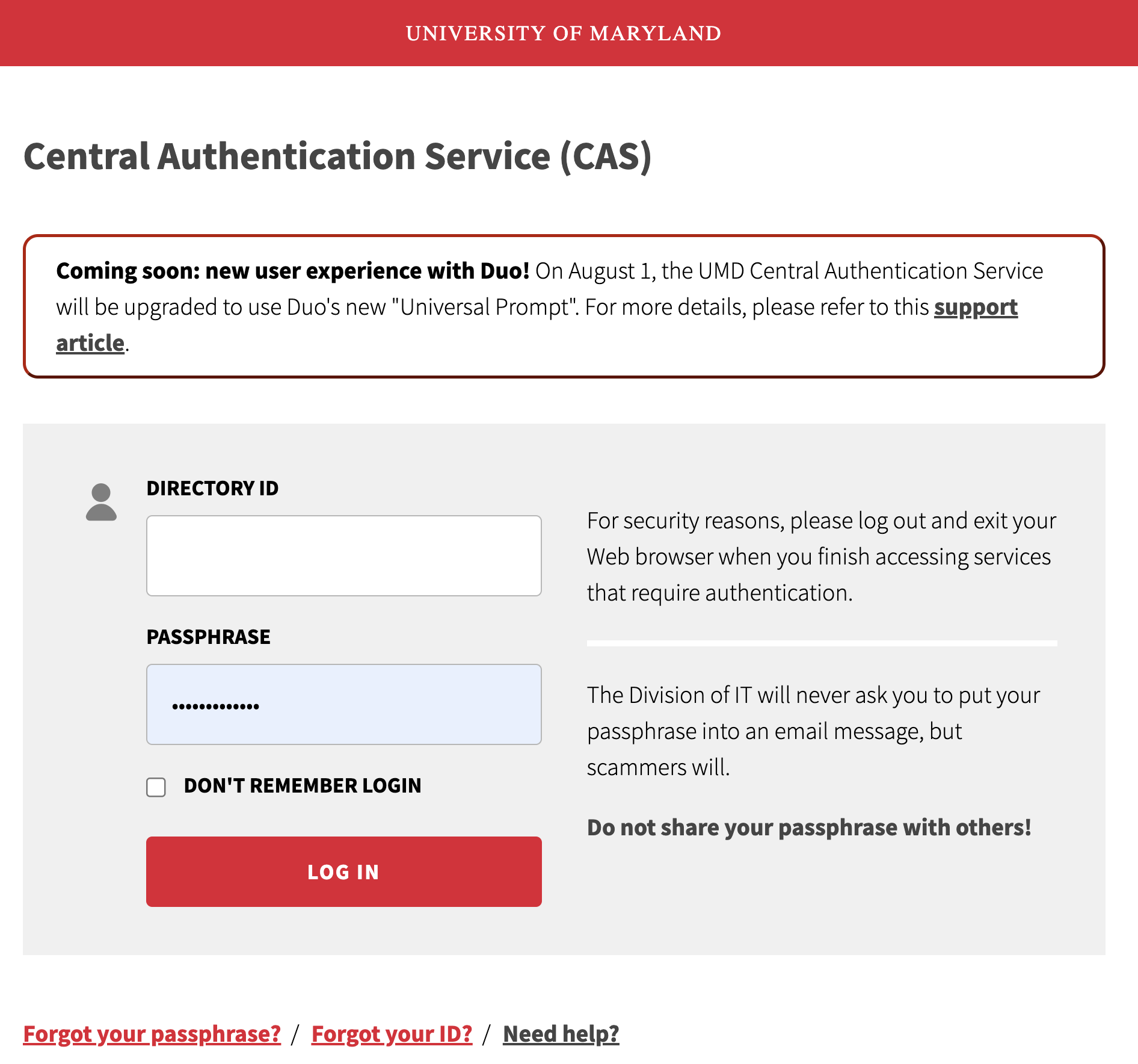 Screen shot for the Central Authentication Service (CAS) login screen.