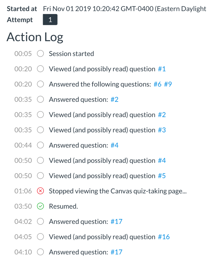 Time stamped quiz activity log