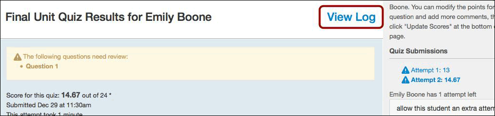 Student Quiz results page. View Log button highlighted with red.