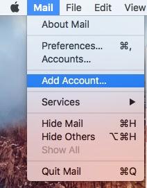 Add Account highlighted in Mail menu drop-down.