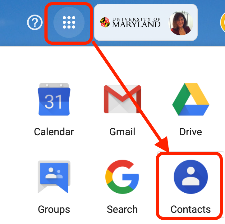 Google App Menu red arrow to Google Group icon.