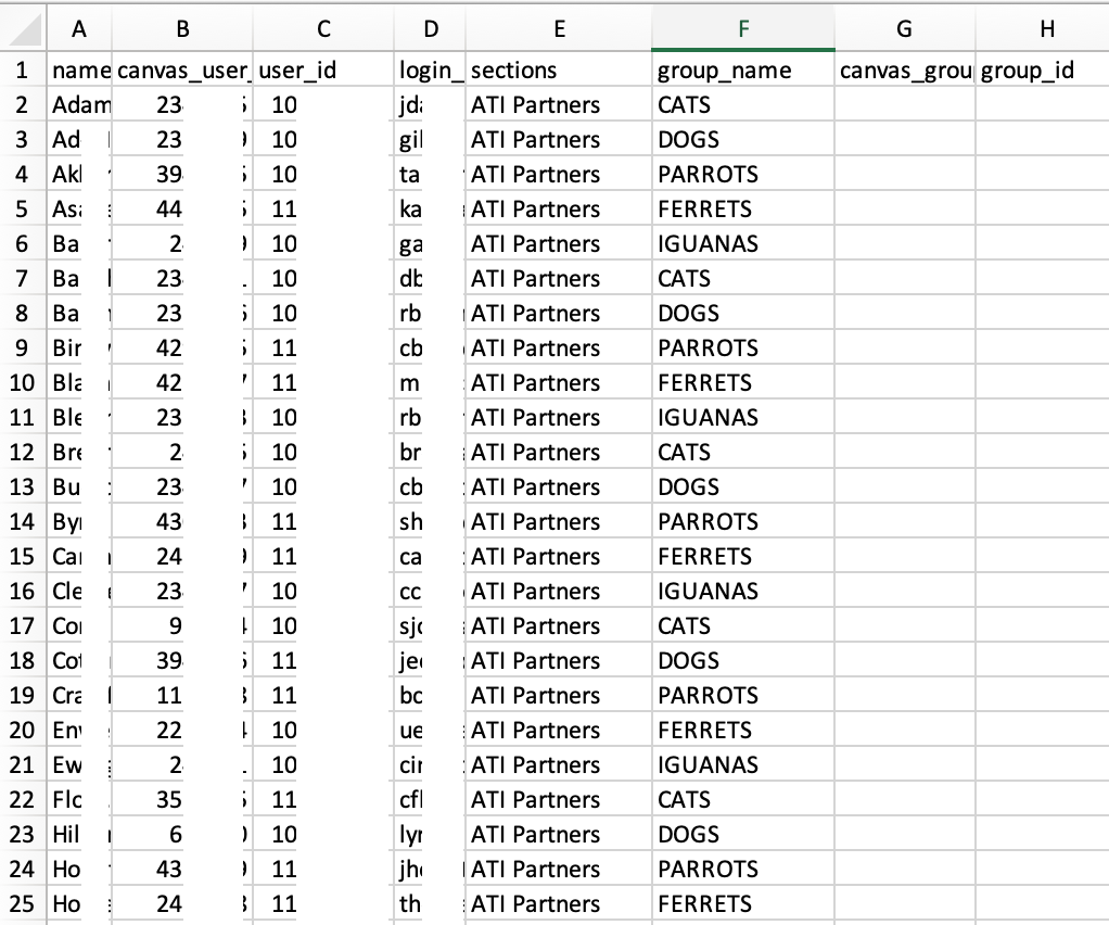 spread sheet of data columns