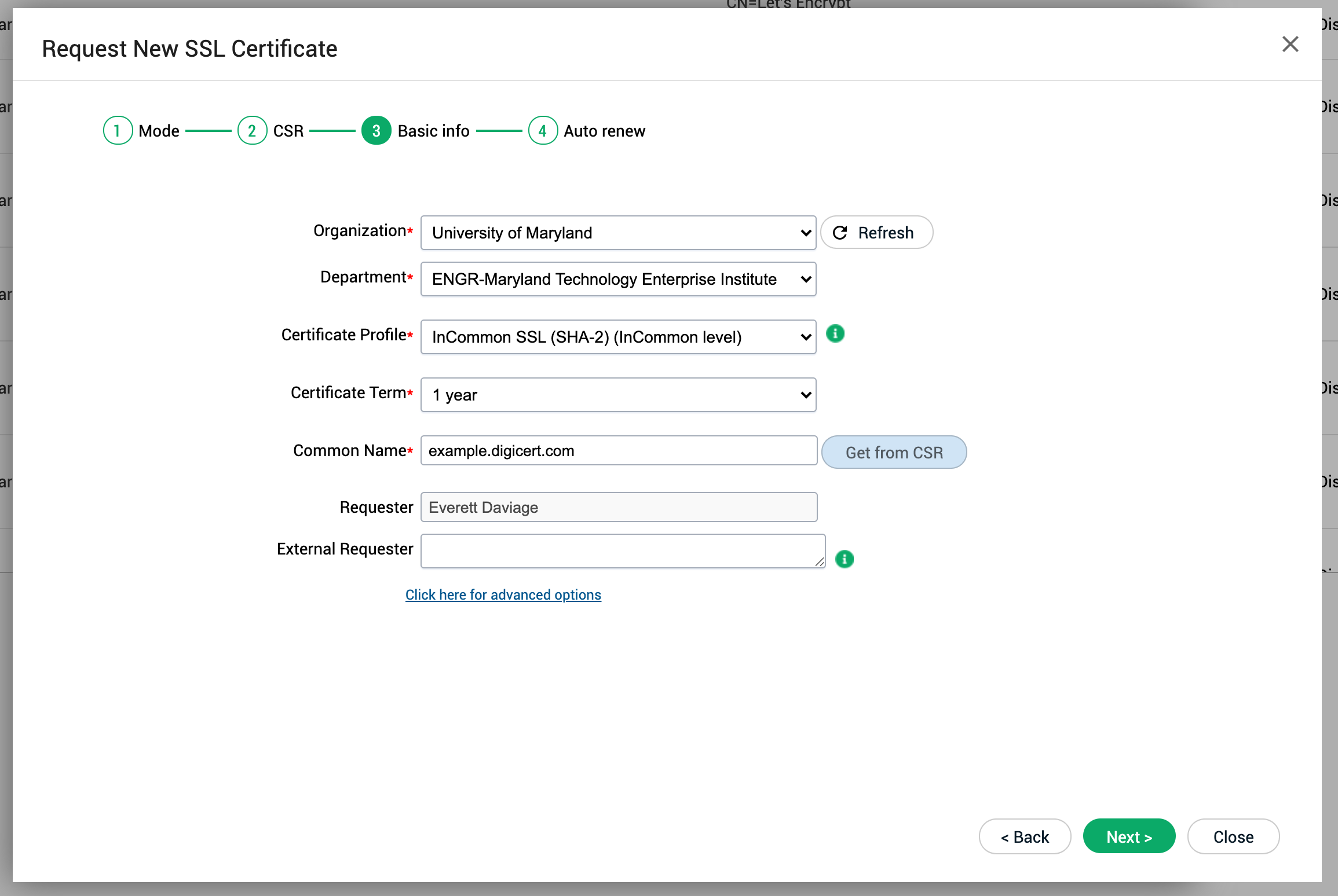 Completed Basic Info tab of InCommon Certificate Request form.