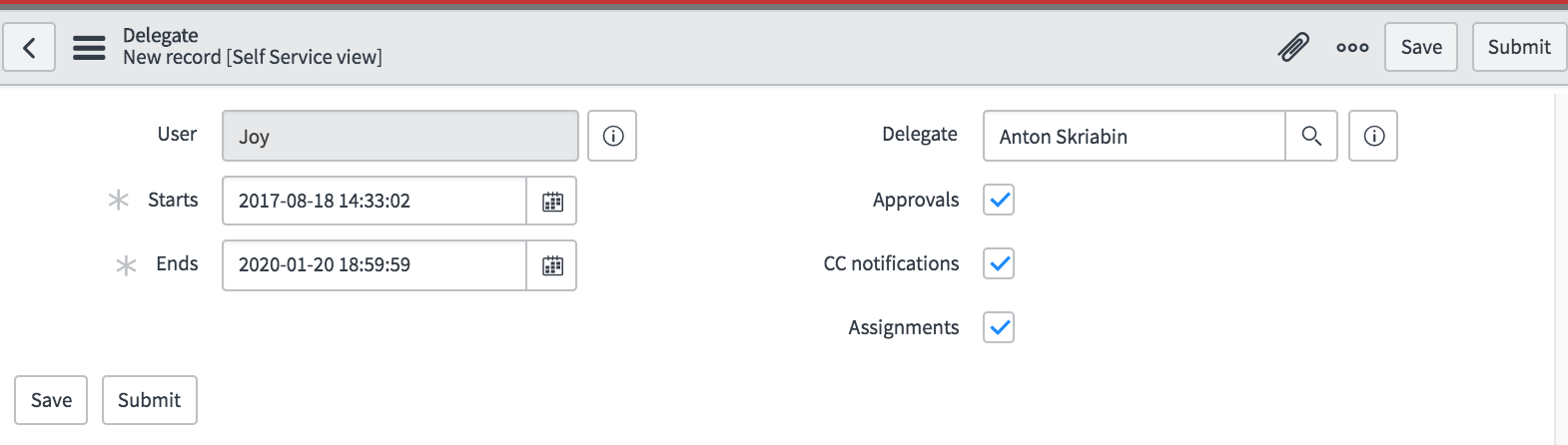 The user filling in the Start and End date fields in the delegate creation menu.