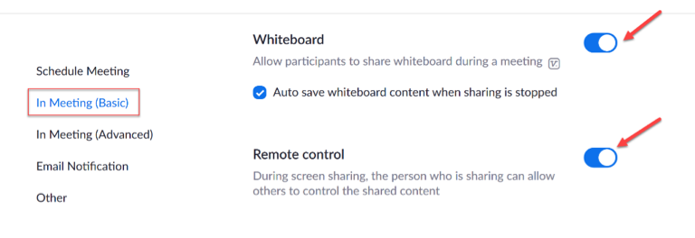 In-meeting settings. White board and remote control setting selected
