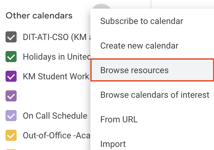 Other calendars list with plus menu expanded and browse resources option highlighted in red.