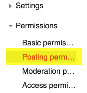Permissions menu. Basic, Posting(highlighted), Moderation and access.
