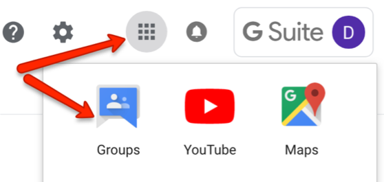 Google apps list. Groups(arrow), Youtube and Maps.