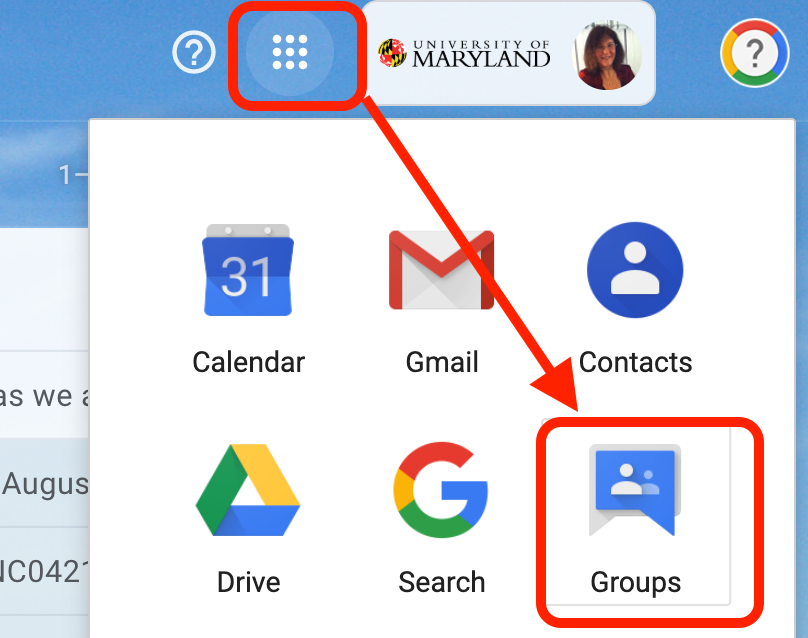 Google App Menu red arrow to Google Group icon. 