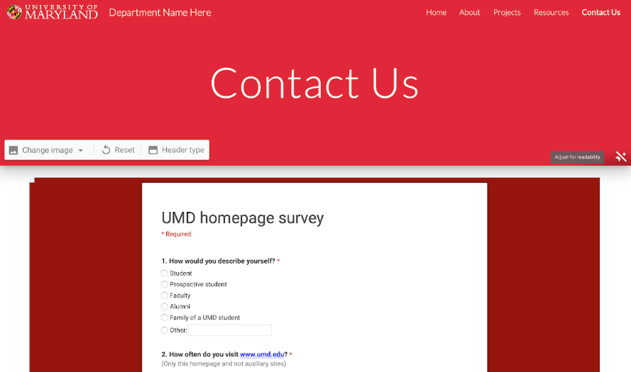 Red header reading Contact us, Light font and survey.