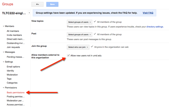 Google Groups Basic Permissions Link