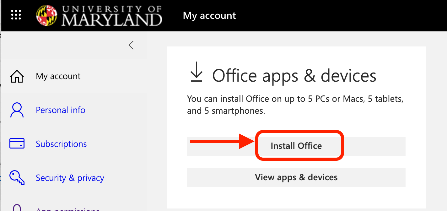 Red arrow pointing to Install Office button
