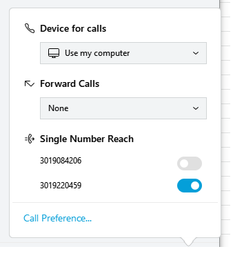 Device for calls, Forward Calls, Single Number Reach, and additional preferences.