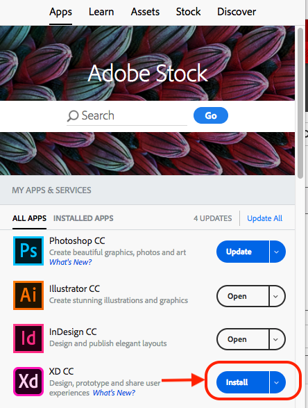 Screenshot of Adobe Creative Cloud apps with Adobe XD install button blue.