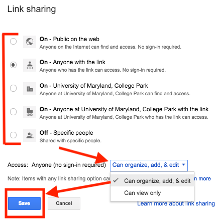 Select the Link sharing and type of access