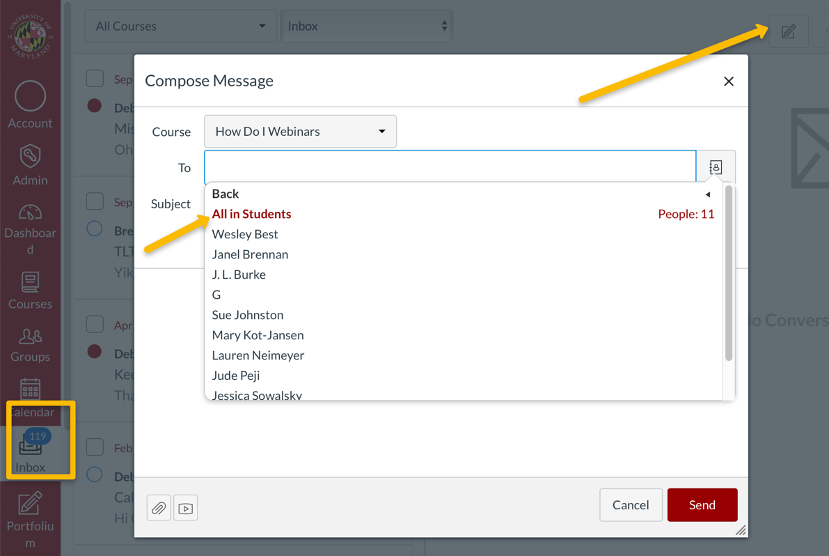 Compose Message window in the Canvas Conversation tool
