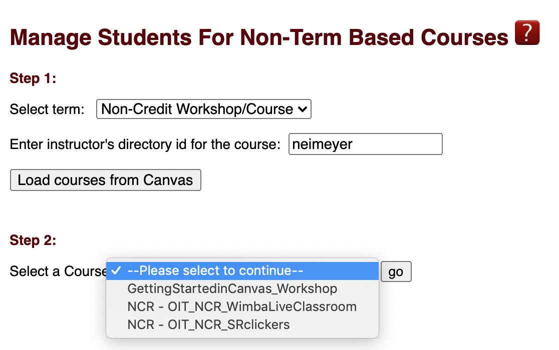 Select course type in Manage Students for Non-term based courses