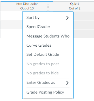 List of possible actions when selecting a column