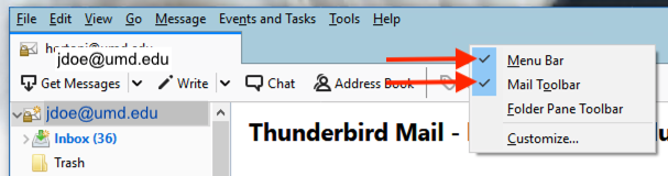 Demonstrating how to get the Menu Bar and Mail Toolbar back for Thunderbird