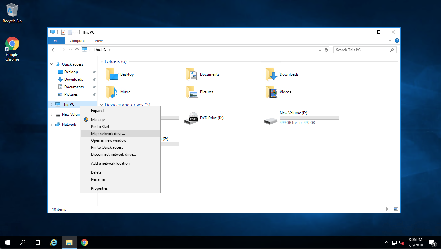 Windows Explorer with 'Map network drive' highlighted in the right-click menu