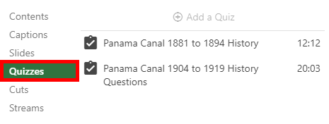 Quizzes button in the Panopto navigation bar.