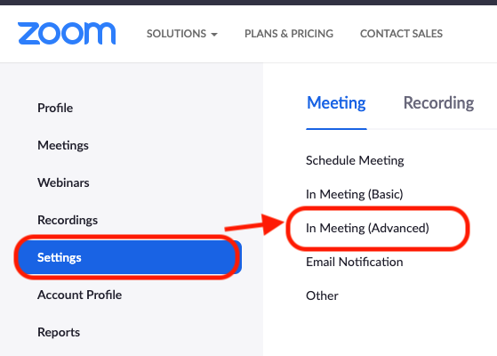 Illustration to click Settings then In Meeting (Advanced)