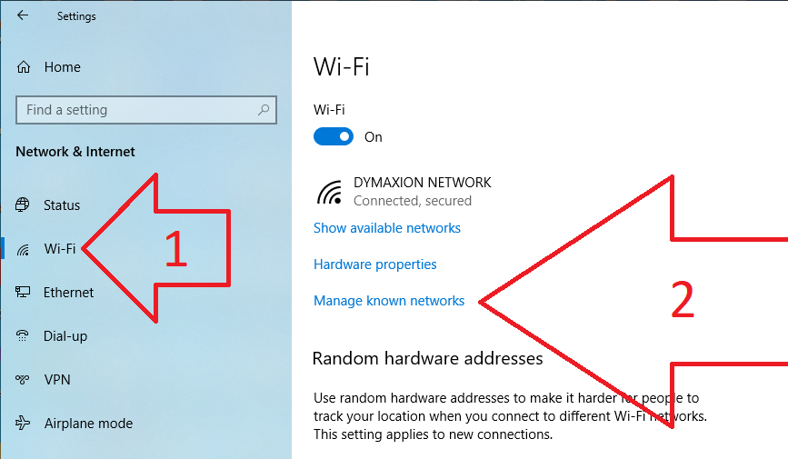 Windows 10 Wi-Fi settings.