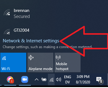 Windows 10 Quick Action Wi-Fi menu emphasizing the Network and Internet Settings  button.