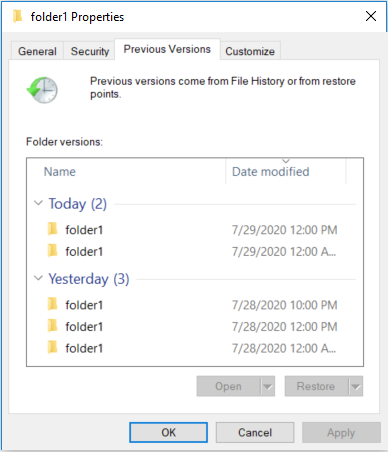 Windows 10 folder Properties menu. Previous versions of the selected folder are displayed.