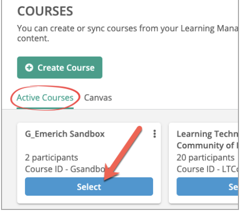 Active Courses tab with 2 course listed and the Select button highlighted.