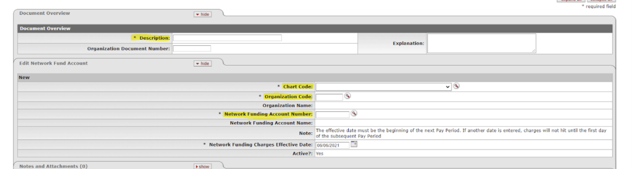 Screenshot of Network funding Account form with the required fields highlighted with yellow.