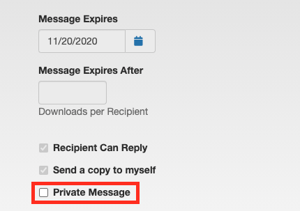 Screenshot of message configuration options with red box around Private Message checkbox.