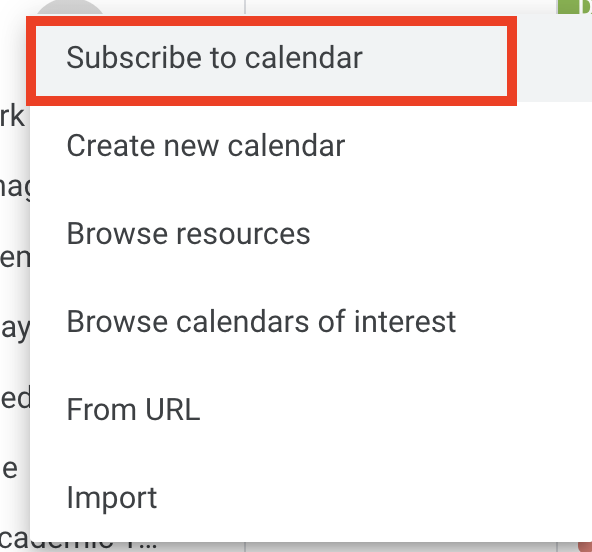 Add Calendar options. Subscribe to calendar is highlighted