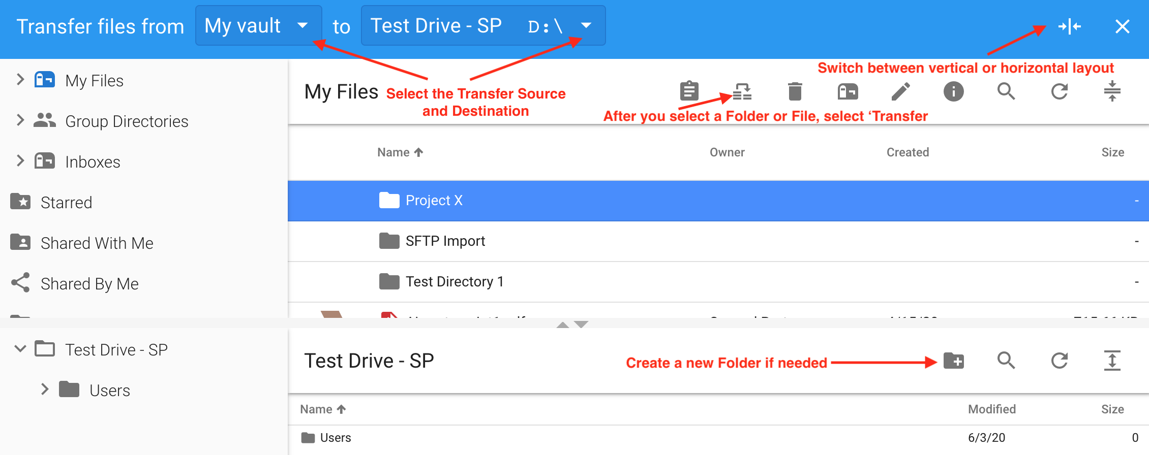 Transfer Files Navigation view with buttons labelled.