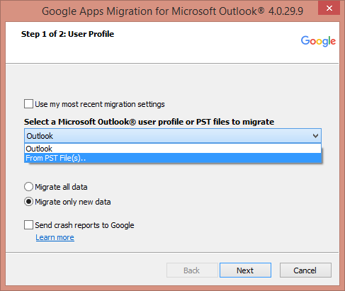From PST File selected from Select a Microsoft OutLook User profile or PST files to migrate menu.
