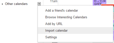 Other Calendars drop-down menu with Import calendar option selected.