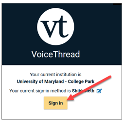 Screenshot of umd VoiceThread sign in. Sign in using your UMD credentials.