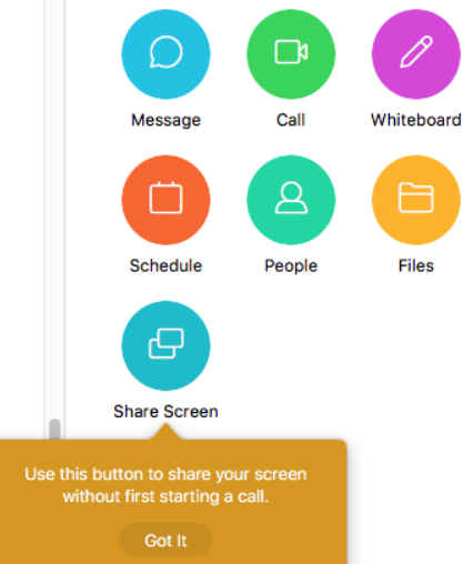 Share screen button in space activities section. Use this button to share your screen without first starting a call.