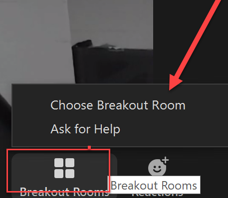 Breakout Rooms button and the 'Choose Breakout Room' menu option
