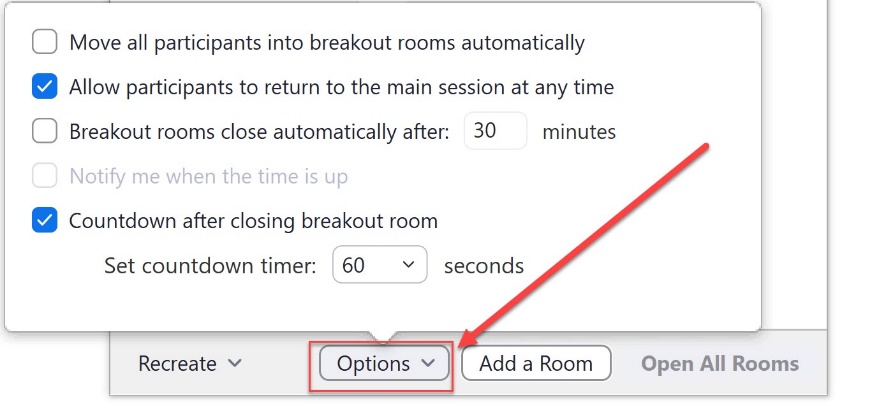 Breakout rooms options popup