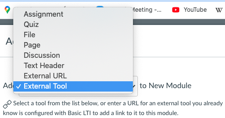 Add module item menu with a checkmark next to External Tool.